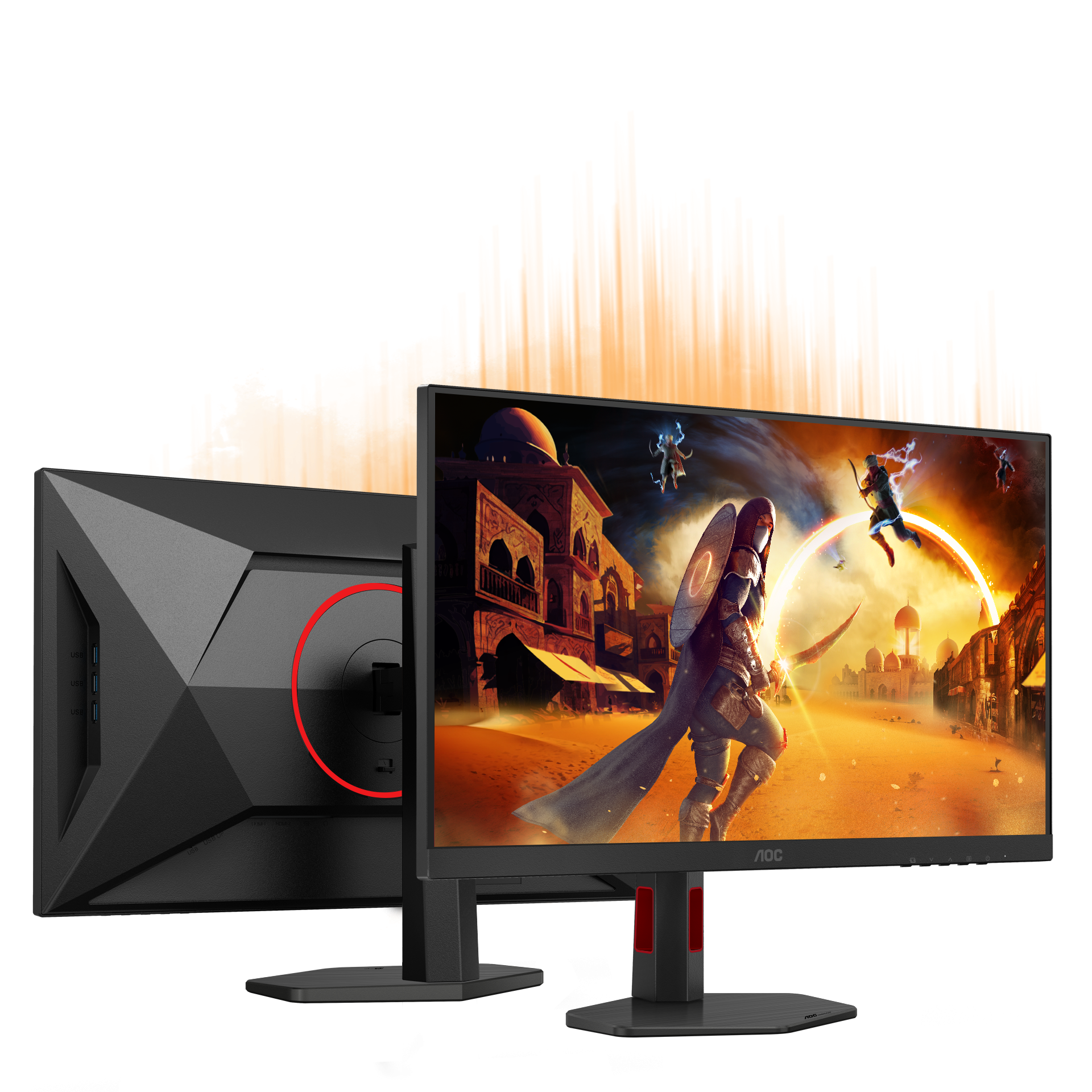 Vue de face et de trois-quarts arrière du moniteur AOC illustrant son design ergonomique et son pied réglable chez FlowUP