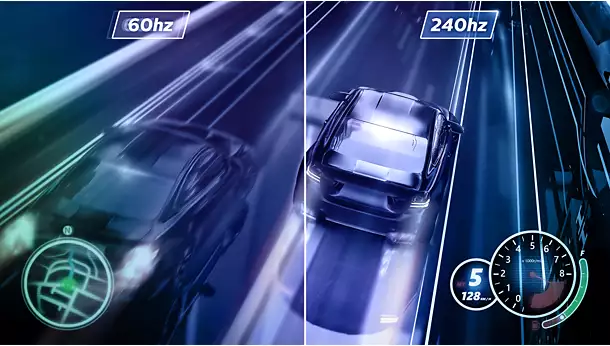 Illustration de la fluidité à 240 Hz éliminant la latence pour des mouvements nets et sans images fantômes sur l'écran Philips chez FlowUP