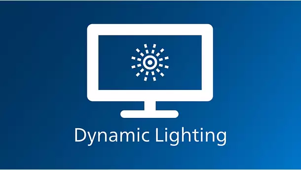 Illustration de la fonction Dynamic Lighting pour synchroniser l'éclairage RVB de tous les appareils sur le moniteur Philips chez FlowUP