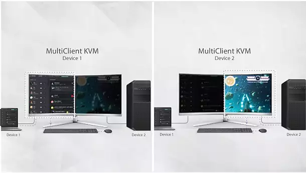 Système KVM intégré et technologie MultiView pour contrôler et afficher simultanément deux appareils sur un seul écran Philips chez FlowUP