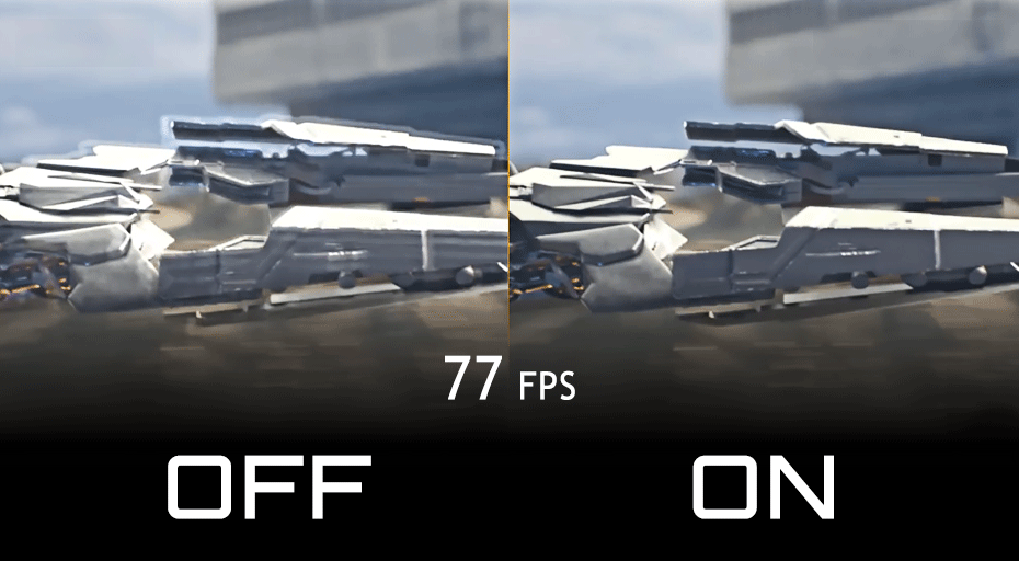 Comparaison visuelle de la netteté d'un vaisseau en mouvement avec et sans la technologie Smart OD sur un écran GIGABYTE chez FlowUP