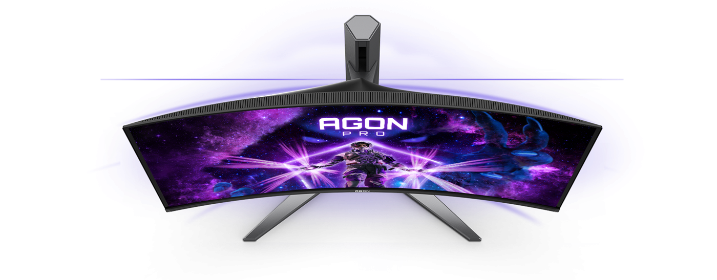 Illustration du design incurvé avec un rayon de courbure de 1800R pour une immersion totale au cœur de l'action sur le moniteur AGON PRO chez FlowUP
