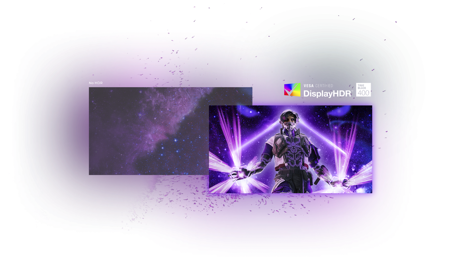 Illustration de la certification VESA Certified DisplayHDR True Black 400 garantissant des noirs profonds et des scènes sombres détaillées sur le moniteur AGON PRO chez FlowUP