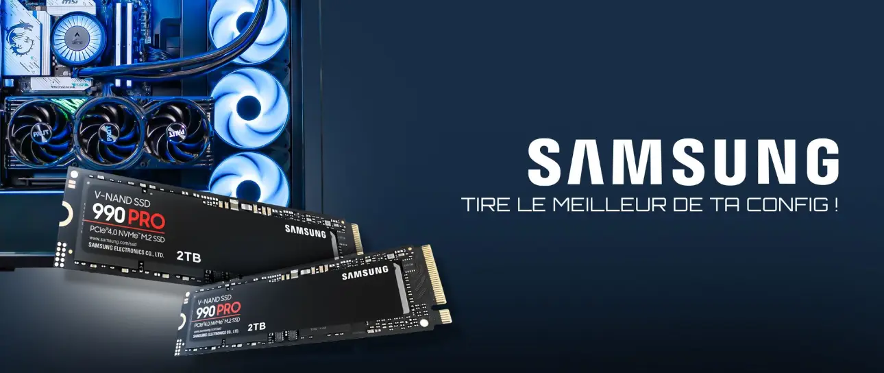SSD Samsung 990 Pro NVMe PCIe 4.0 2To haute performance avec refroidissement PC gaming RGB et vitesse extrême pour configuration gaming et pro