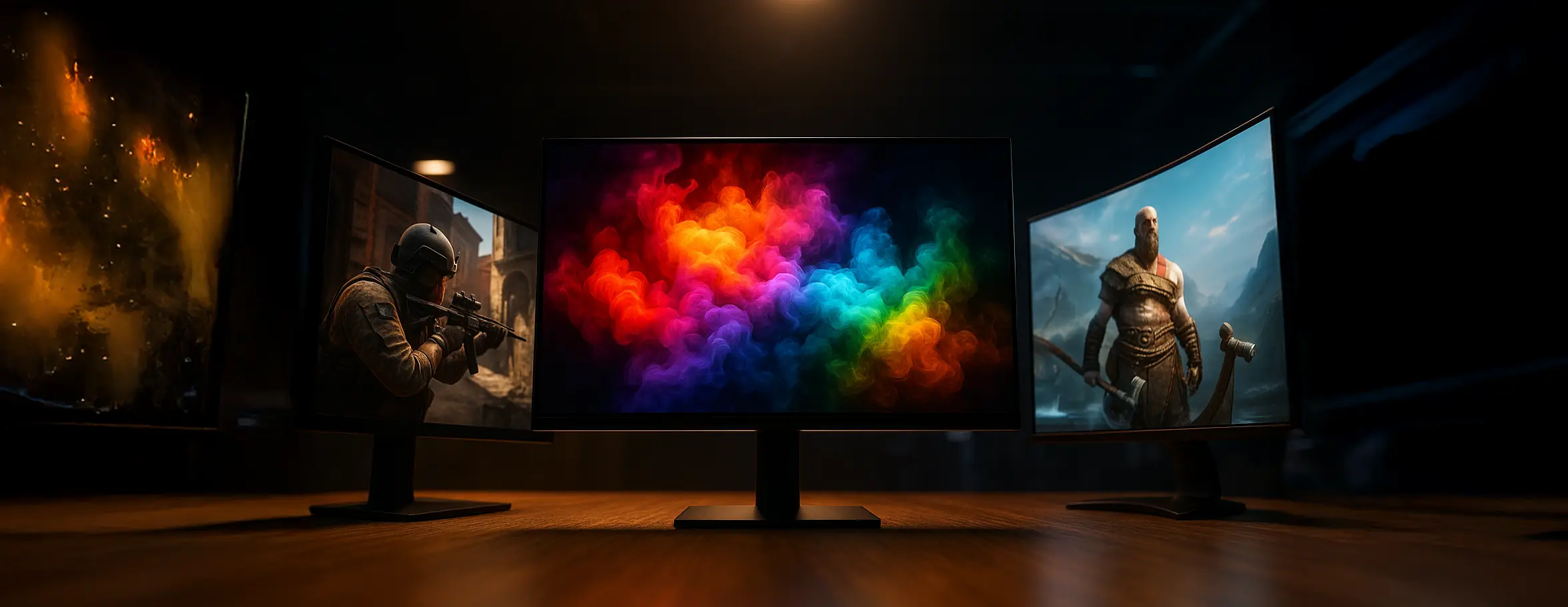 Installation multi écran gaming affichant des visuels haute définition pour une immersion totale avec un PC gamer FlowUP