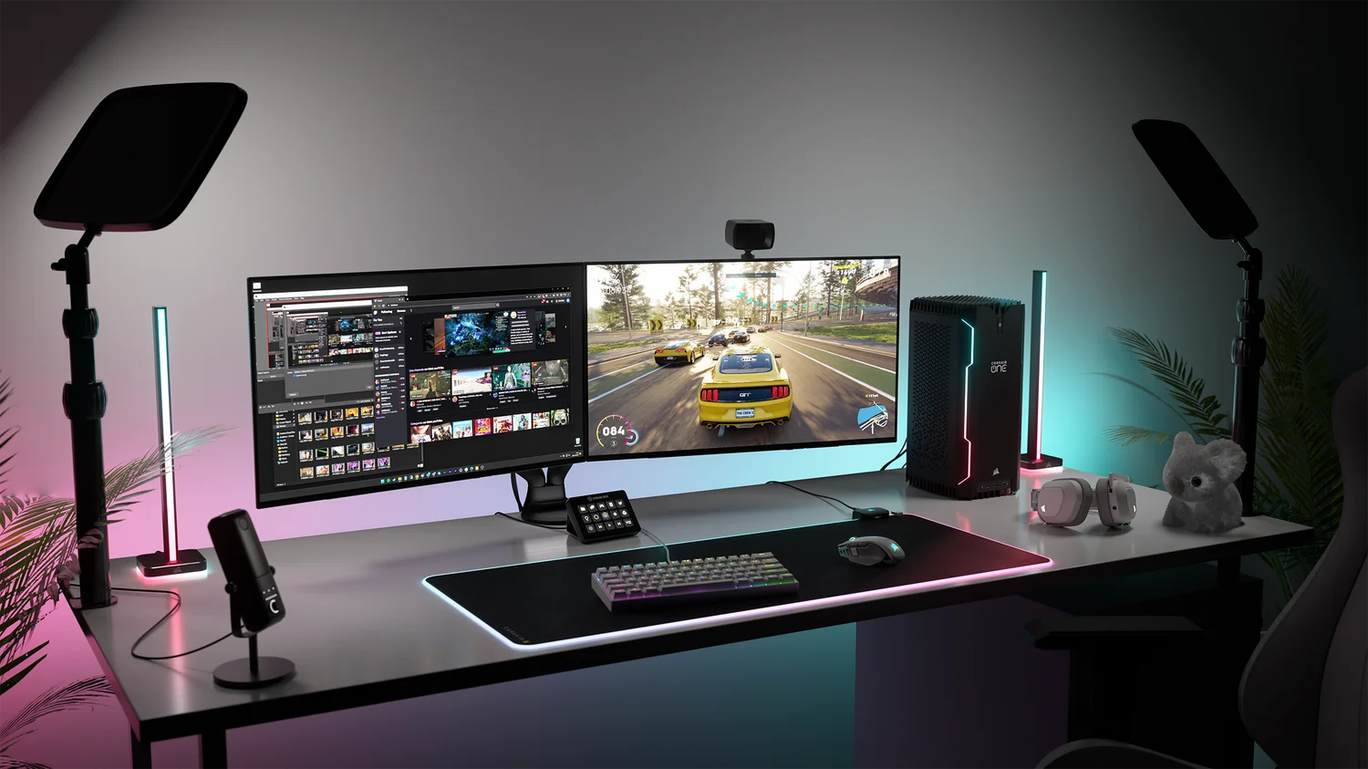 Setup PC gamer FlowUP avec écran ultrawide RGB clavier souris micro et tour gaming pour streaming et jeux haute performance