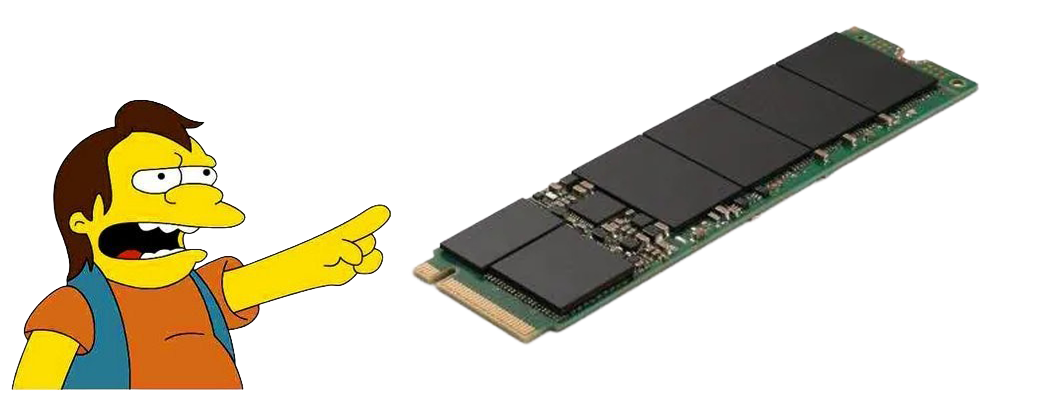 SSD NVMe haute performance pour PC gamer FlowUP avec personnage humoristique pointant le composant pour illustrer la vitesse de stockage
