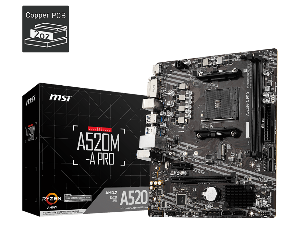 Carte mère MSI A520M-A PRO compatible AMD Ryzen, support DDR4, PCIe 3.0 et stockage M.2 pour PC gamer FlowUP