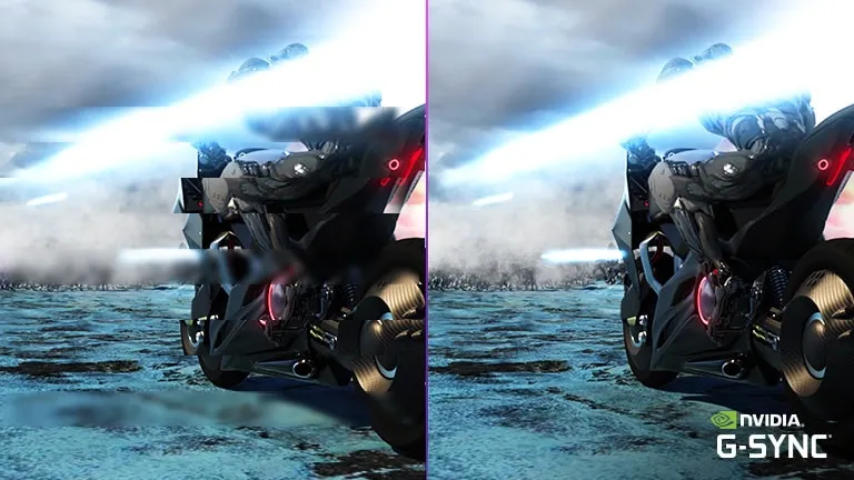 Comparatif écran gaming avec et sans NVIDIA G SYNC réduction du tearing et image fluide en jeu action rapide PC gamer FlowUP