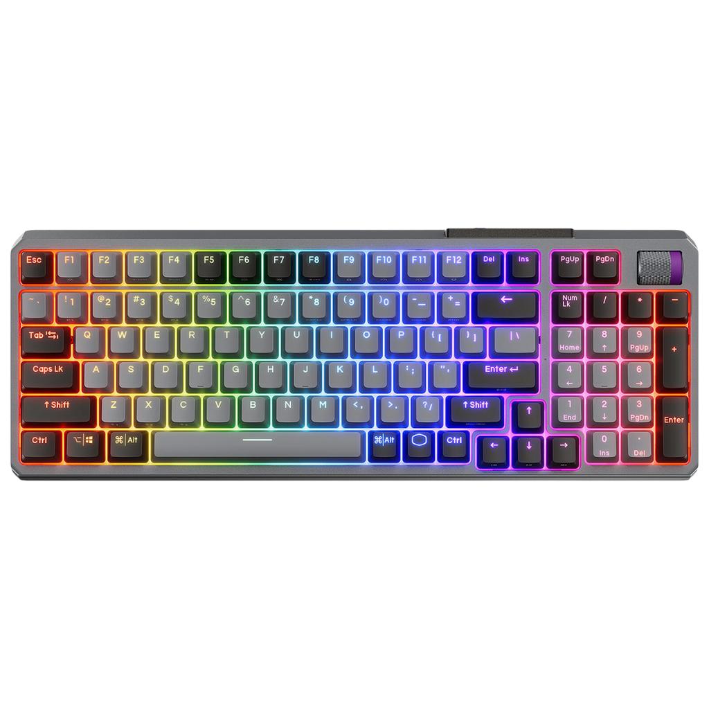 Vue de dessus clavier gamer Cooler Master MK770 Gris Spatial avec touches rétroéclairées RGB et molette multifonction FlowUP