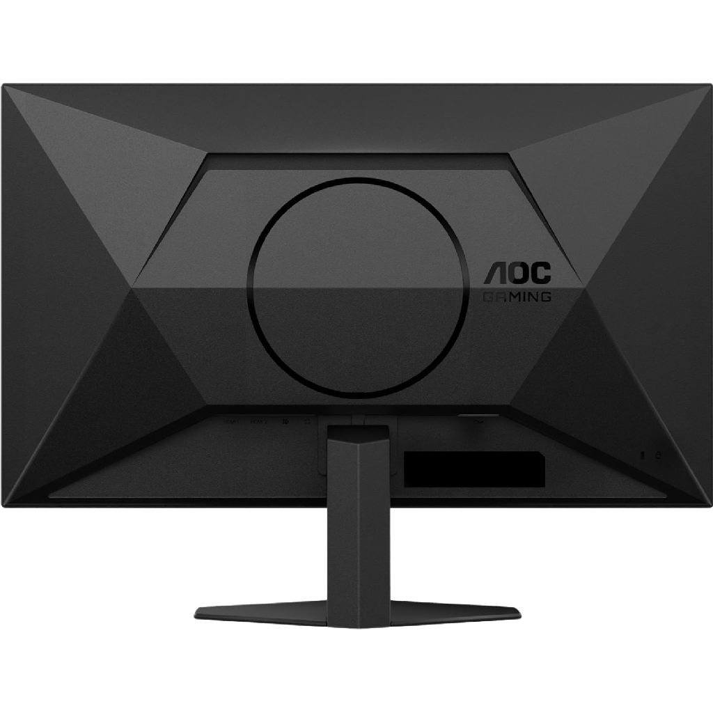 Vue arrière de l'écran AOC 27 pouces montrant son design angulaire texturé avec le logo "AOC GAMING" et son pied de support central robuste