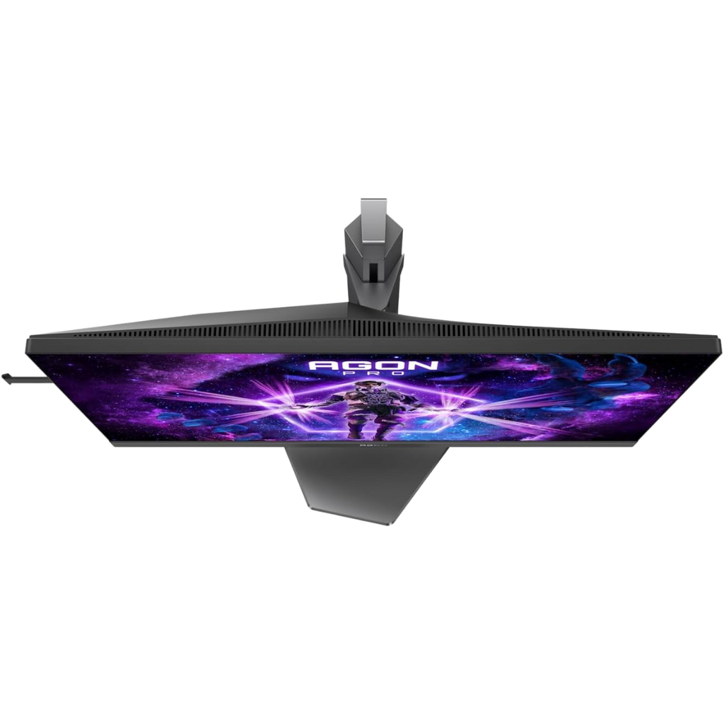 Vue de dessus de l'écran PC gamer AOC AGON PRO AG256FS montrant la finesse de la dalle et le pied ergonomique pour setup FlowUP