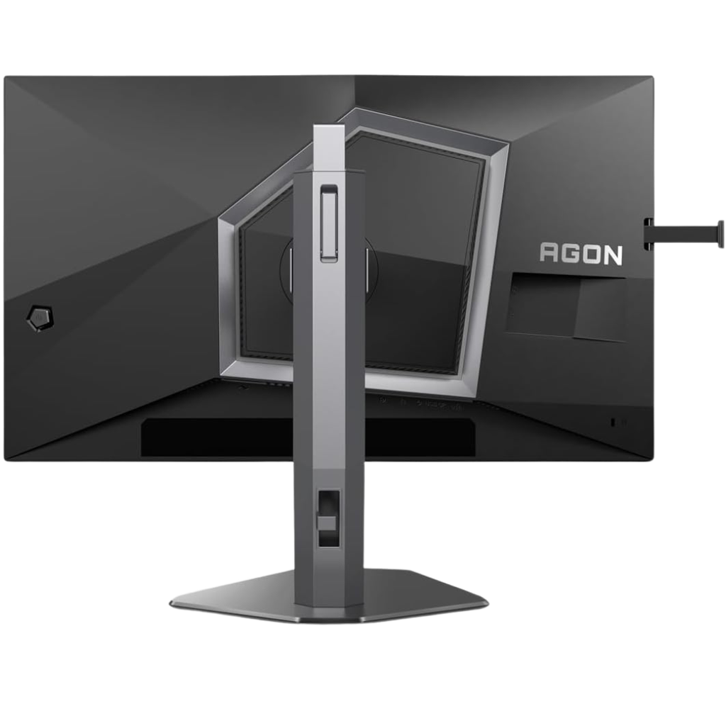 Vue arrière complète de l'écran PC gamer AOC AGON PRO AG256FS avec son pied ergonomique et support casque intégré pour setup FlowUP