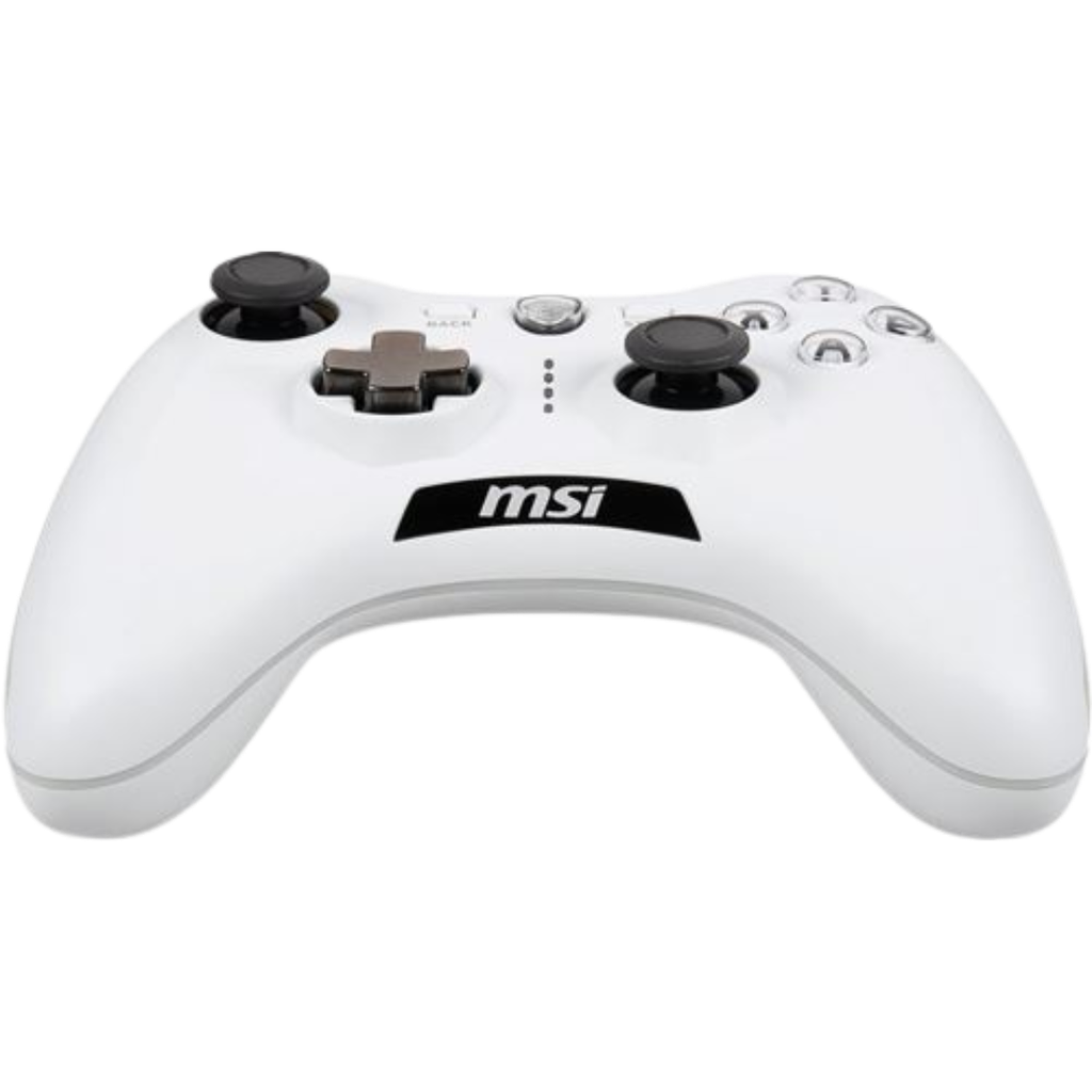 Vue de trois quarts manette PC MSI Force GC20 V2 blanche avec sticks analogiques et gâchettes de précision pour gaming FlowUP