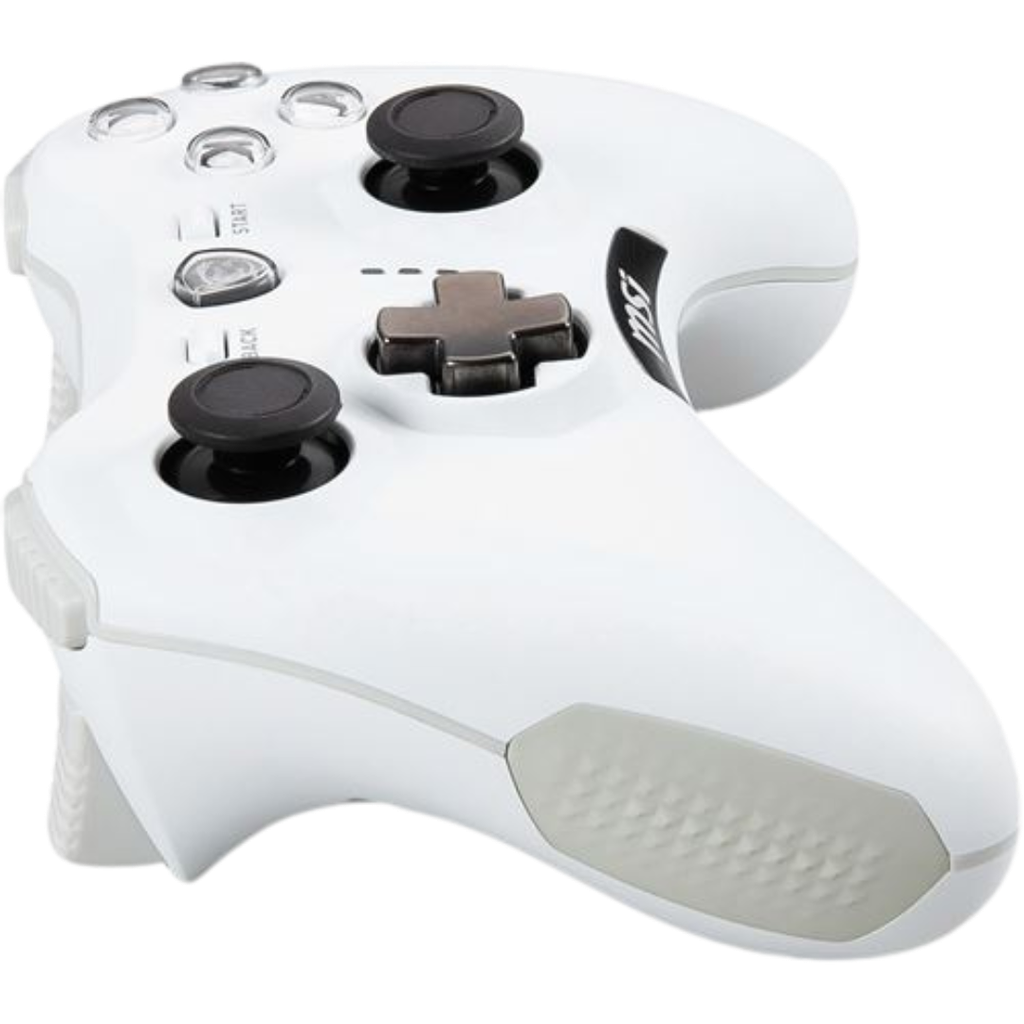 Vue arrière trois quarts manette MSI Force GC20 V2 blanche montrant le grip texturé gris et les boutons de tranches pour PC FlowUP