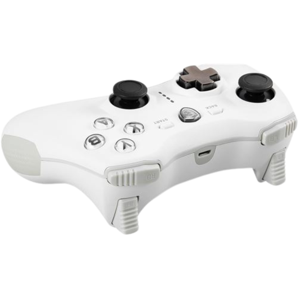 Vue du dessus manette gaming MSI Force GC20 V2 blanche montrant les gâchettes les boutons ABXY et le port micro USB FlowUP