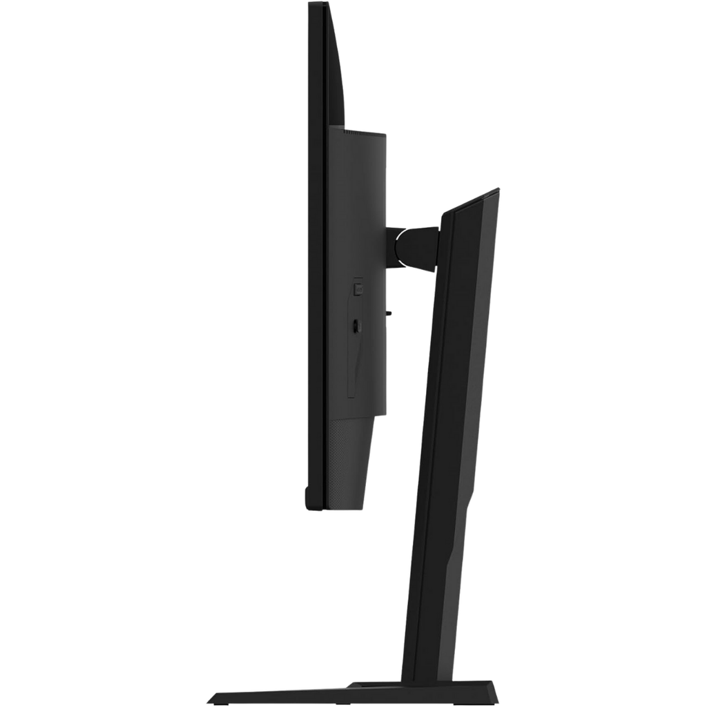 Vue de trois-quarts de l'écran PC gamer plat Gigabyte M32UP avec son pied ergonomique et son design sobre pour setup gaming FlowUP