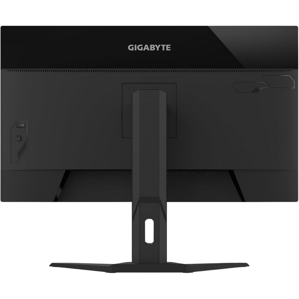 Vue arrière complète de l'écran PC gamer plat Gigabyte M32UP avec son pied ergonomique et son design sobre pour setup FlowUP