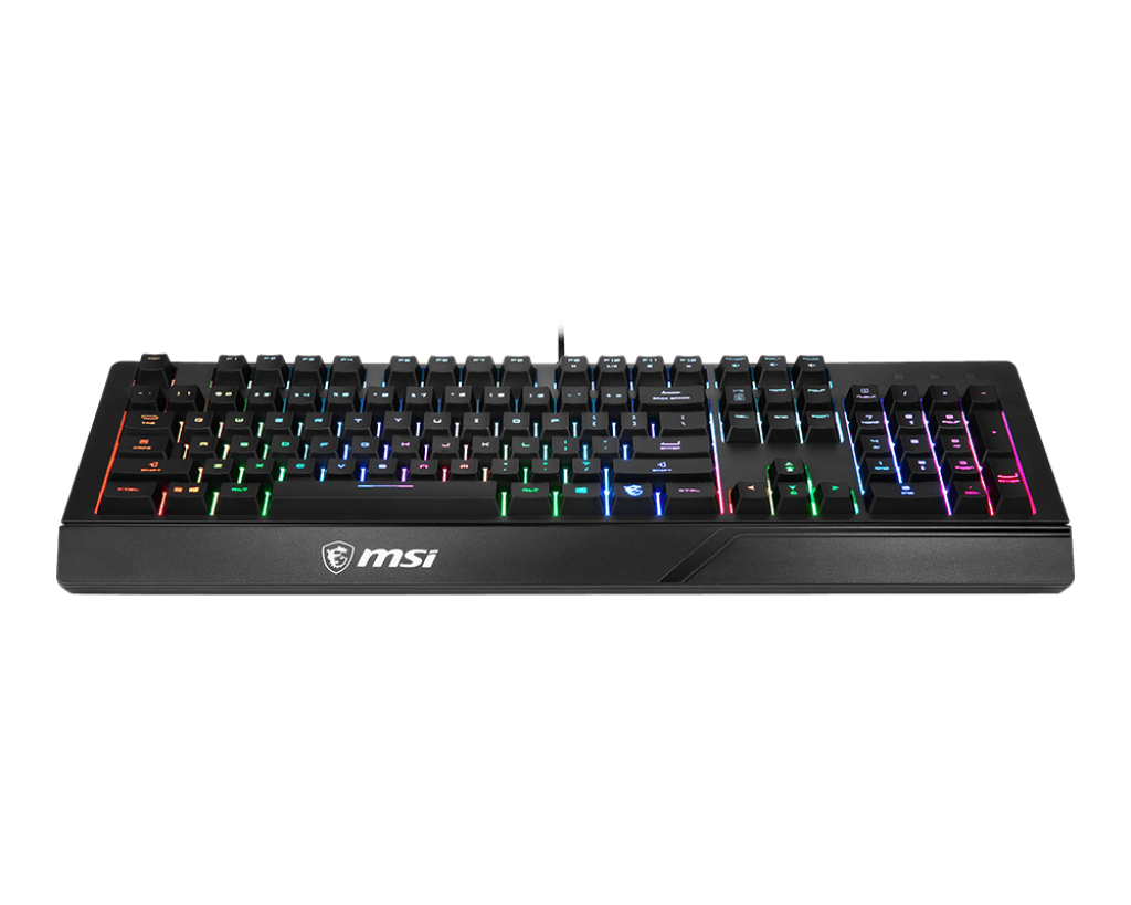 Vue de face clavier gaming MSI Vigor GK20 FR noir avec rétroéclairage RGB arc-en-ciel et repose-poignets intégré FlowUP
