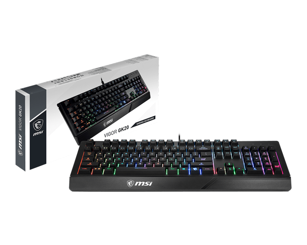 Clavier gaming MSI Vigor GK20 FR avec sa boîte d'emballage d'origine mettant en avant le rétroéclairage RGB et le design pro FlowUP