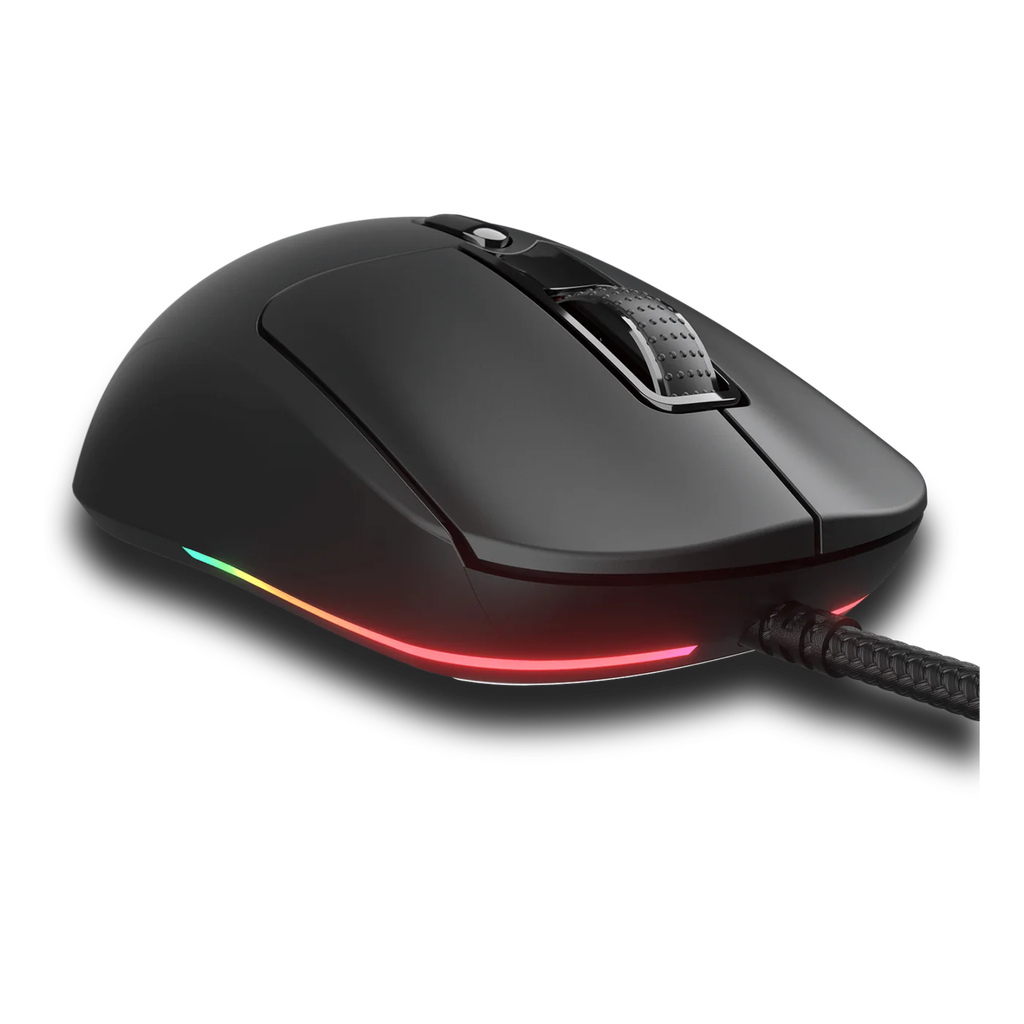 Vue de dessus de la souris gaming Cougar Minos NEO noire mettant en avant son éclairage RGB pour PC gamer FlowUP