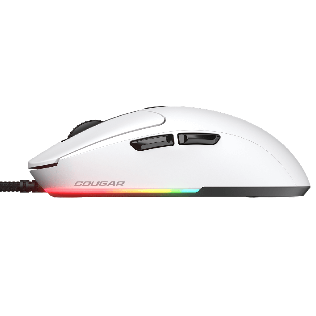 Vue latérale profilée souris gamer Cougar Airblader blanche avec boutons latéraux et éclairage LED RGB dynamique FlowUP