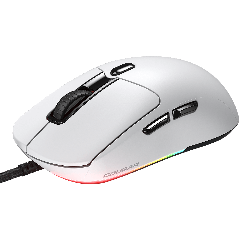 Vue de trois quarts souris gamer Cougar Airblader blanche avec molette crantée et boutons programmables pour setup PC FlowUP