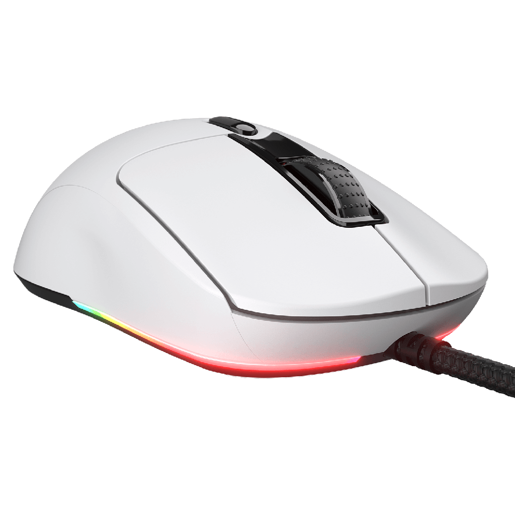 Vue de face inclinée souris gaming Cougar Airblader blanche mettant en avant l'éclairage RGB sous le châssis et le câble FlowUP