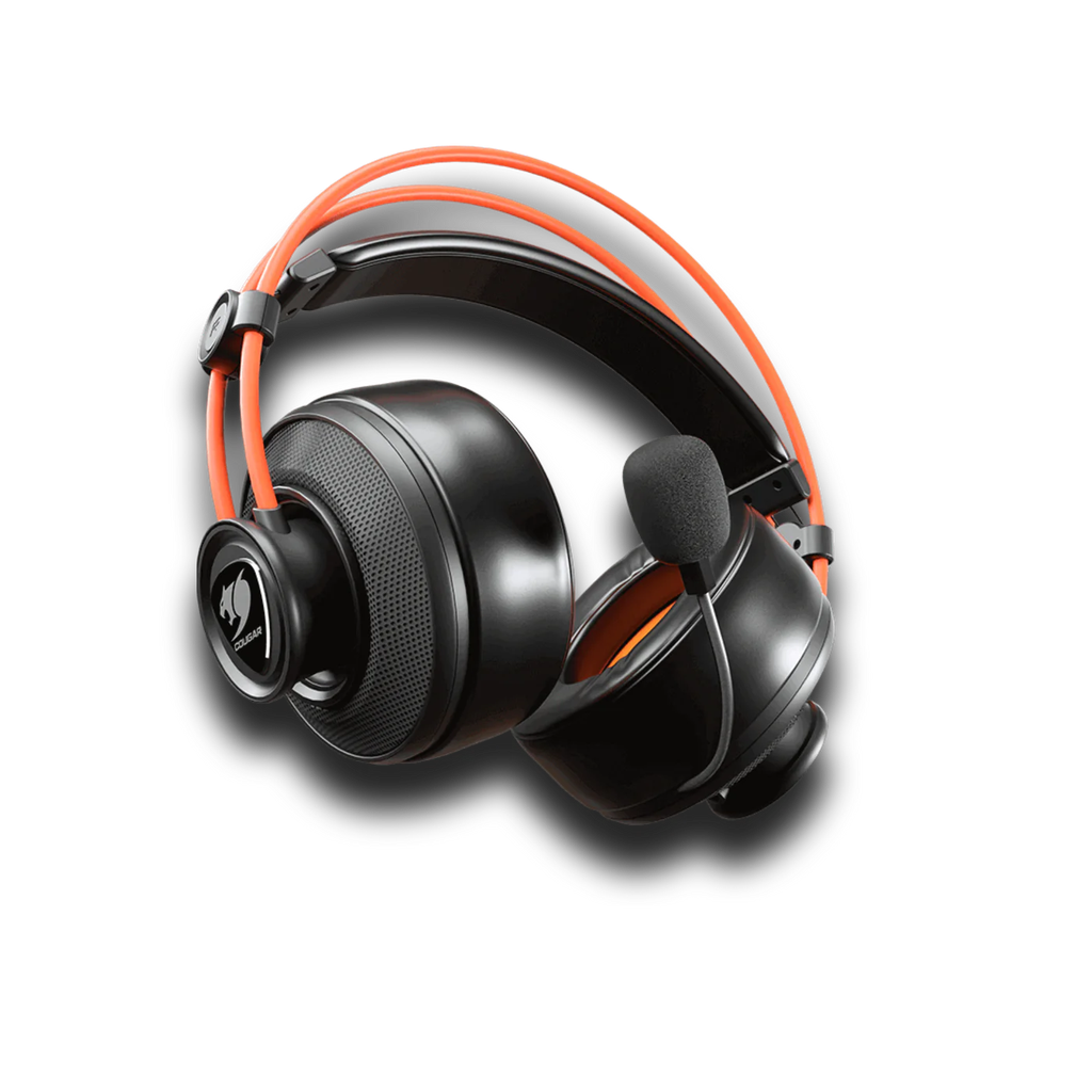 Vue de trois quarts casque gaming filaire Cougar Immersa Ti EX noir et orange avec micro antibruit et arceau suspendu FlowUP
