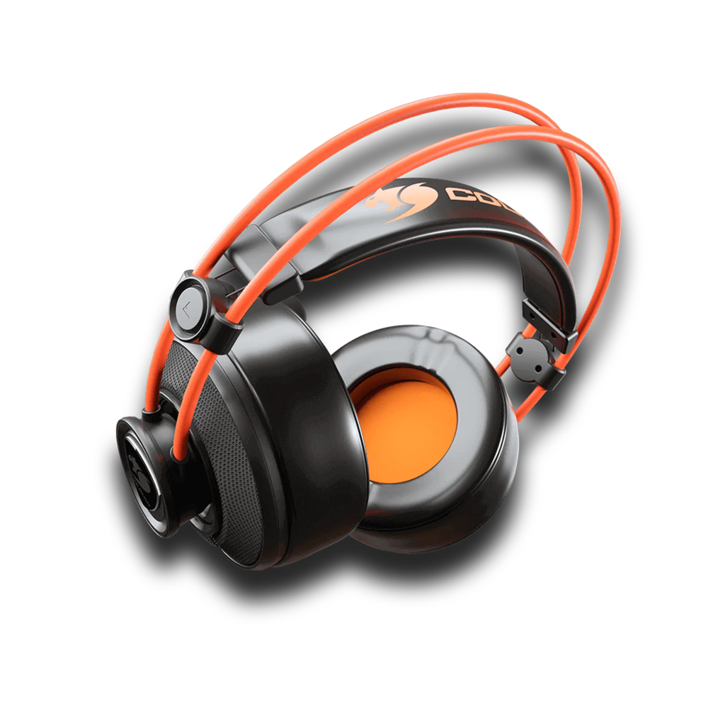 Vue de trois quarts casque gaming filaire Cougar Immersa Ti EX noir et orange avec larges oreillettes et arceau suspendu FlowUP