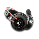 Vue de trois quarts casque gaming filaire Cougar Immersa Ti EX noir et orange avec micro antibruit et arceau suspendu FlowUP