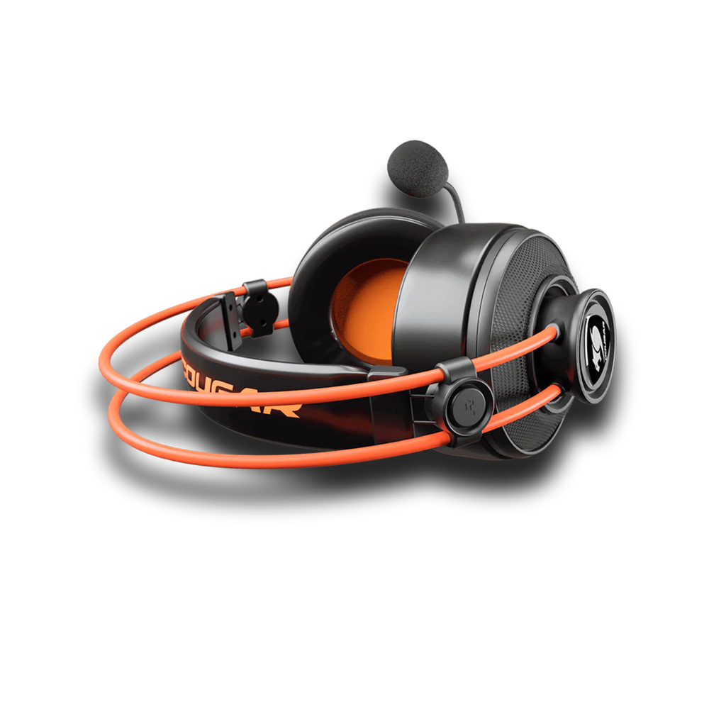 Vue de profil casque gaming filaire Cougar Immersa Ti EX noir et orange posé montrant l'arceau suspendu et le micro flexible FlowUP