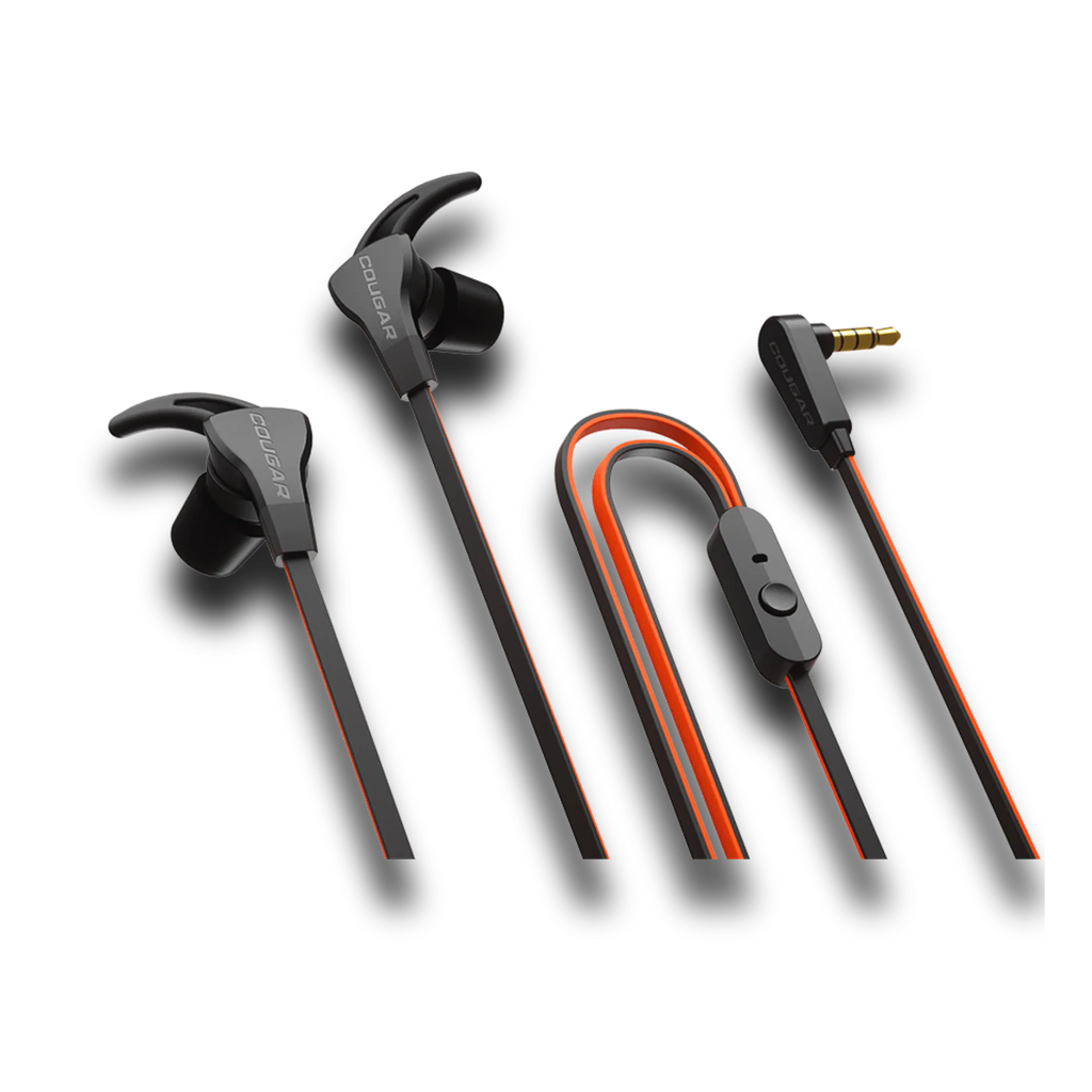Vue d'ensemble des écouteurs gaming intra-auriculaires Cougar Immersa Ti EX noirs et oranges avec télécommande et prise jack FlowUP