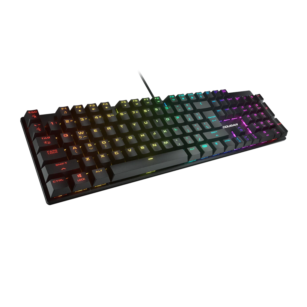 Vue de trois quarts ensemble clavier souris gamer Cougar Combat noir avec rétroéclairage LED RGB et touches mécaniques réactives FlowUP