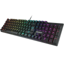 Vue d'ensemble clavier mécanique Cougar Combat noir avec rétroéclairage LED RGB et châssis métallique robuste pour setup gaming FlowUP