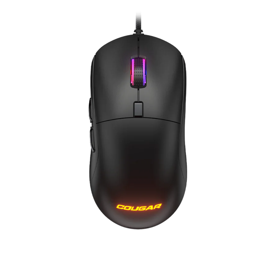 Vue de dessus souris gamer filaire Cougar Combat noire avec rétroéclairage LED RGB et capteur haute précision FlowUP