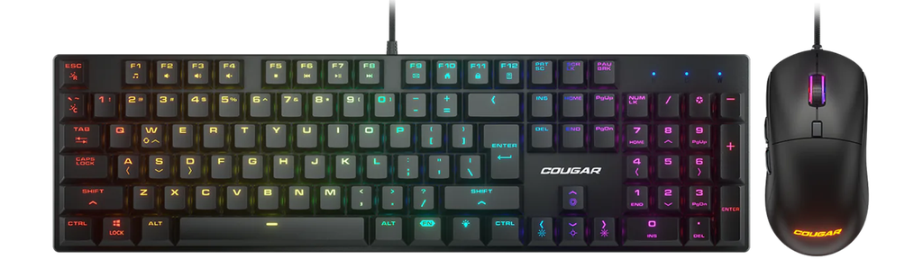 Vue de face ensemble clavier souris gamer Cougar Combat noir avec rétroéclairage LED RGB et capteur optique 8000 DPI FlowUP