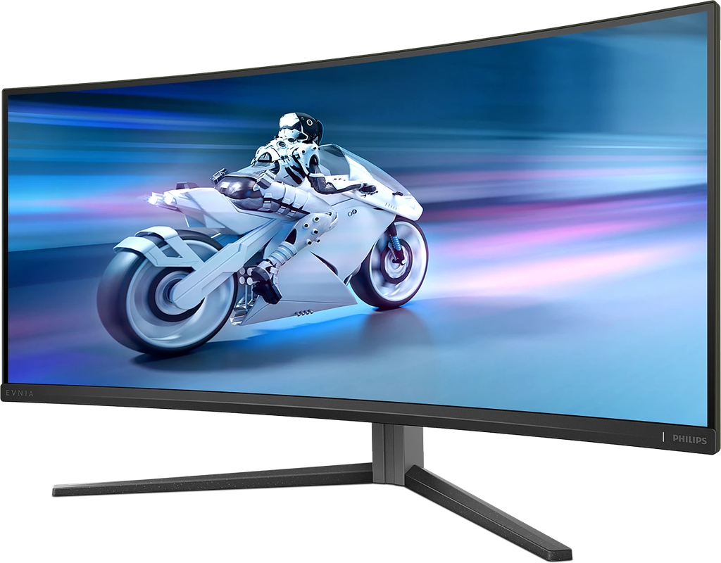 Vue de trois-quarts de l'écran PC gamer incurvé Philips Evnia 34 pouces montrant son pied ergonomique et son design moderne pour setup FlowUP