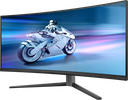 Vue de trois-quarts de l'écran PC gamer incurvé Philips Evnia 34 pouces montrant son pied ergonomique et son design moderne pour setup FlowUP
