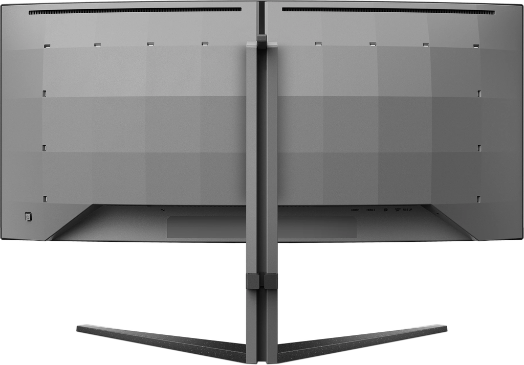 Vue arrière de l'écran PC gamer incurvé Philips Evnia 34 pouces montrant son pied ergonomique gris et son design texturé pour setup FlowUP
