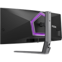 Vue arrière de trois-quarts de l'écran PC gamer incurvé AOC Agon Pro 34 pouces montrant l'éclairage LED violet et le pied ergonomique pour setup FlowUP