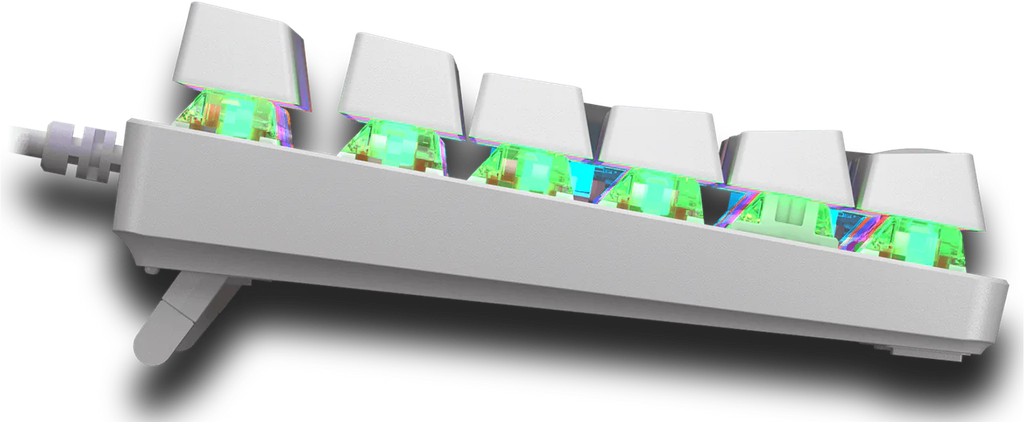 Vue latérale clavier mécanique Cougar Ultimus EX blanc montrant les switches mécaniques rétroéclairés RGB et les touches suspendues FlowUP
