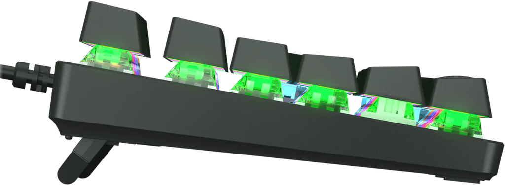 Vue latérale clavier mécanique Cougar Ultimus EX noir montrant les switches mécaniques rétroéclairés RGB et les touches suspendues FlowUP