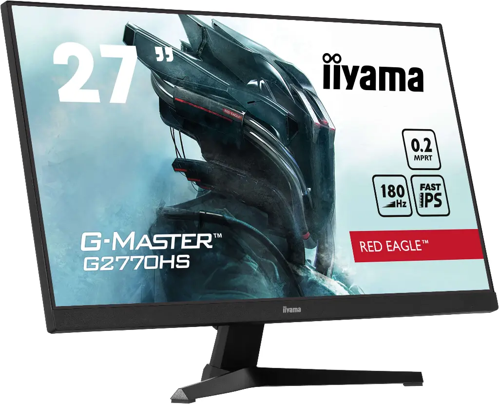 Vue de face de l'écran PC gamer iiyama 27 pouces G-Master G2770HS Red Eagle affichant un casque futuriste et ses spécifications 180Hz