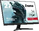 Vue de face de l'écran PC gamer iiyama 27 pouces G-Master G2770HS Red Eagle affichant un casque futuriste et ses spécifications 180Hz