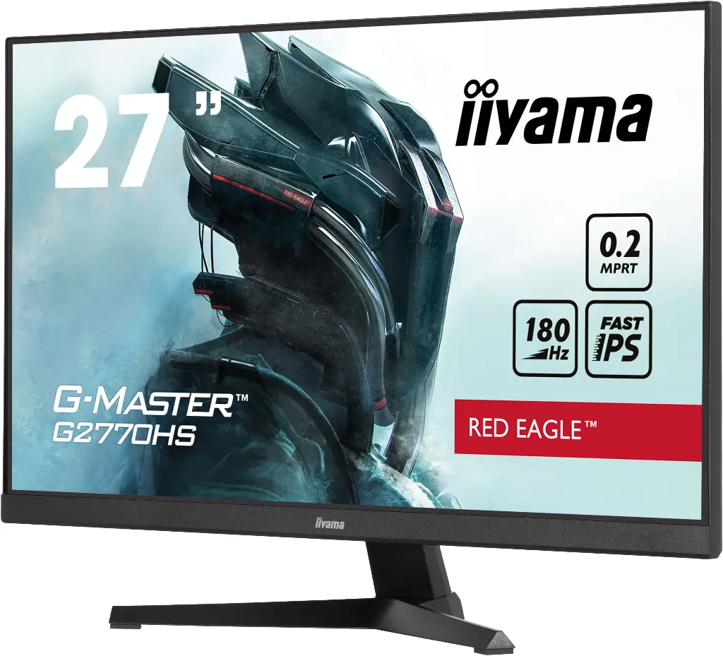 Vue de face de l'écran PC gamer iiyama 27 pouces G-Master G2770HS Red Eagle affichant un casque futuriste et ses spécifications 180Hz