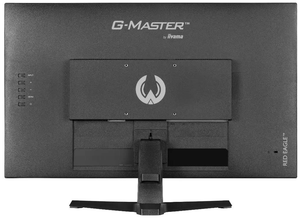 Vue arrière de l'écran iiyama 27 pouces G-Master G2770HS montrant le logo de la marque et la mention Red Eagle sur le châssis noir mat