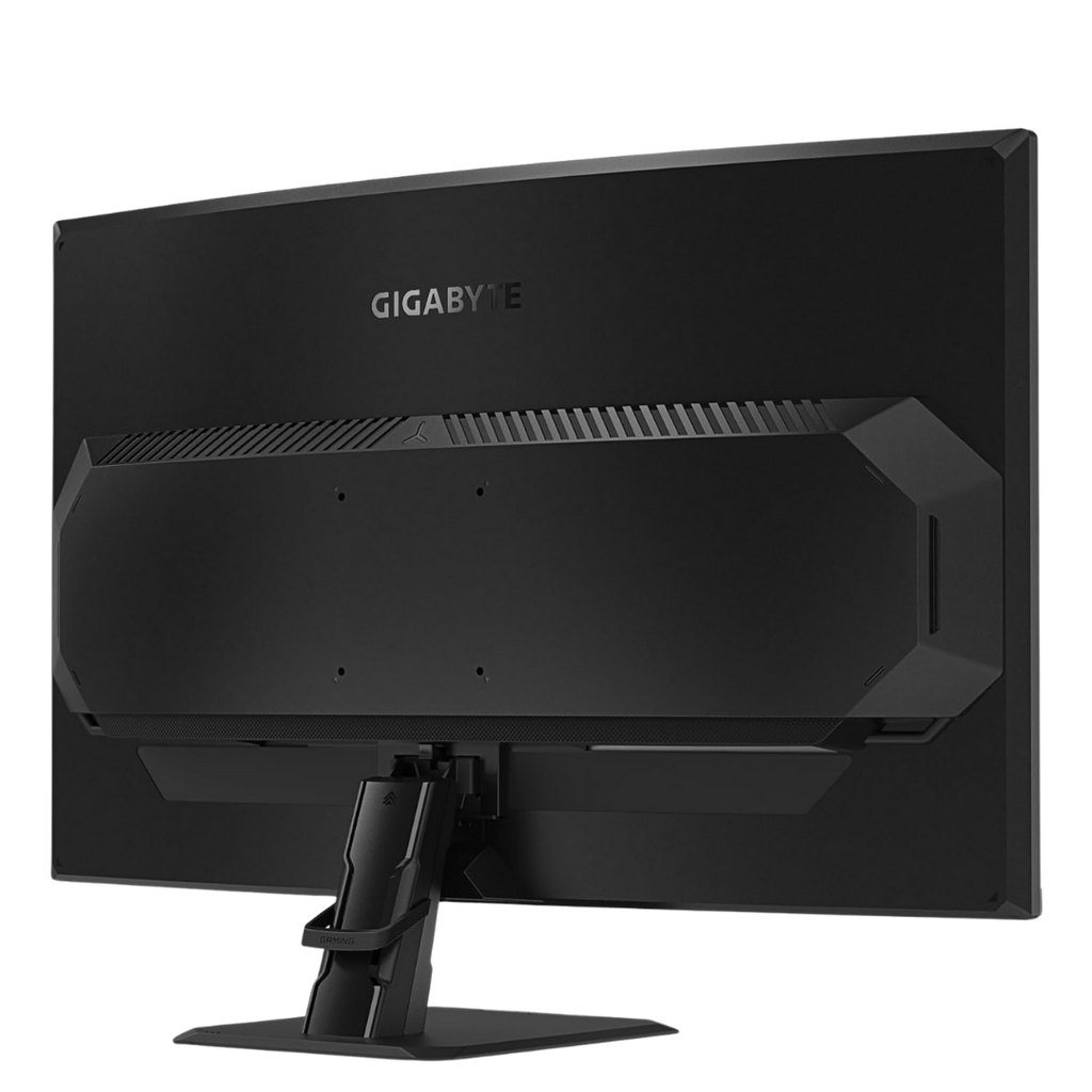 Vue arrière de l'écran PC gamer incurvé GIGABYTE GS32QCA avec système de gestion des câbles et logo pour setup gaming FlowUP