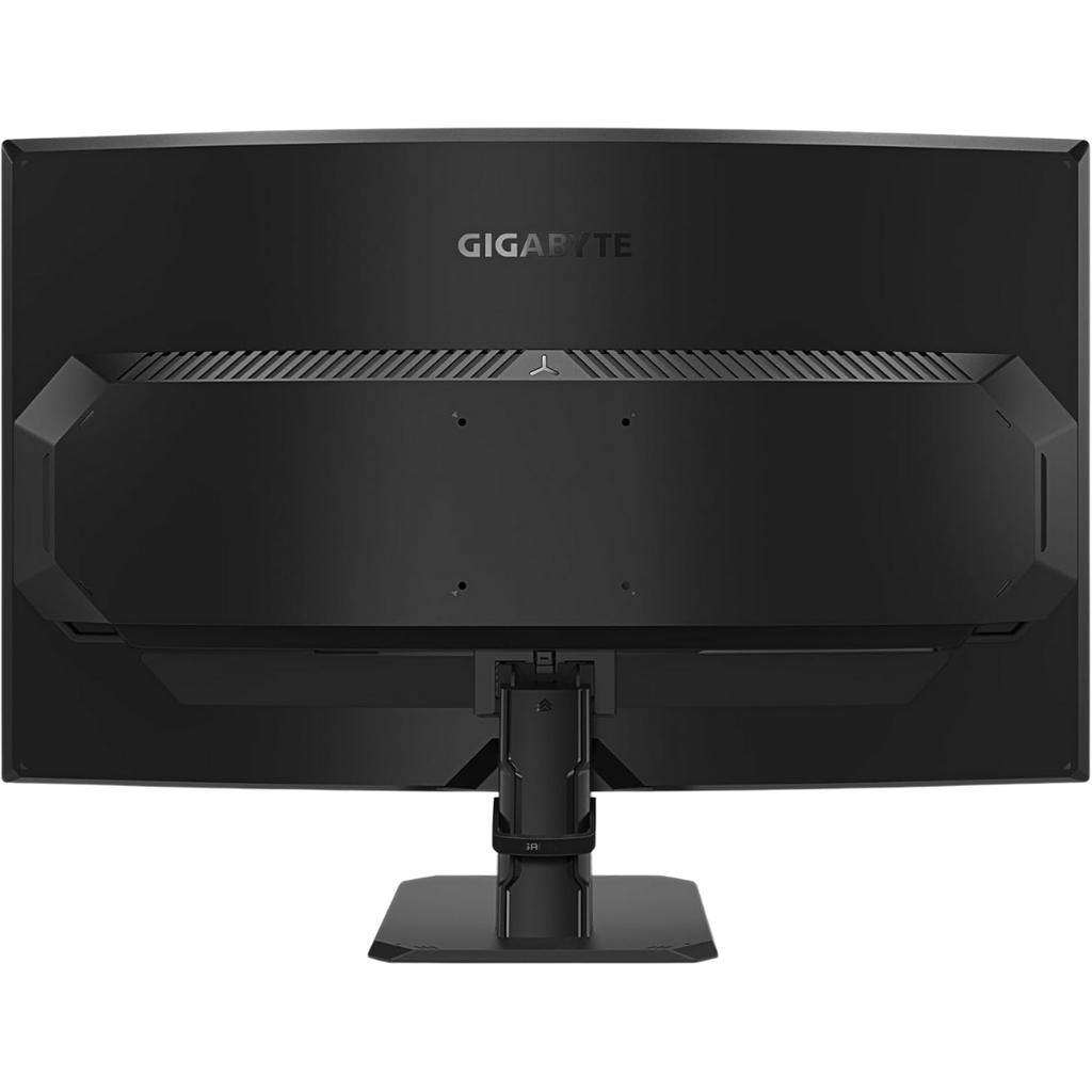 Vue arrière complète de l'écran PC gamer incurvé GIGABYTE GS32QCA avec fixation VESA et logo pour setup gaming FlowUP