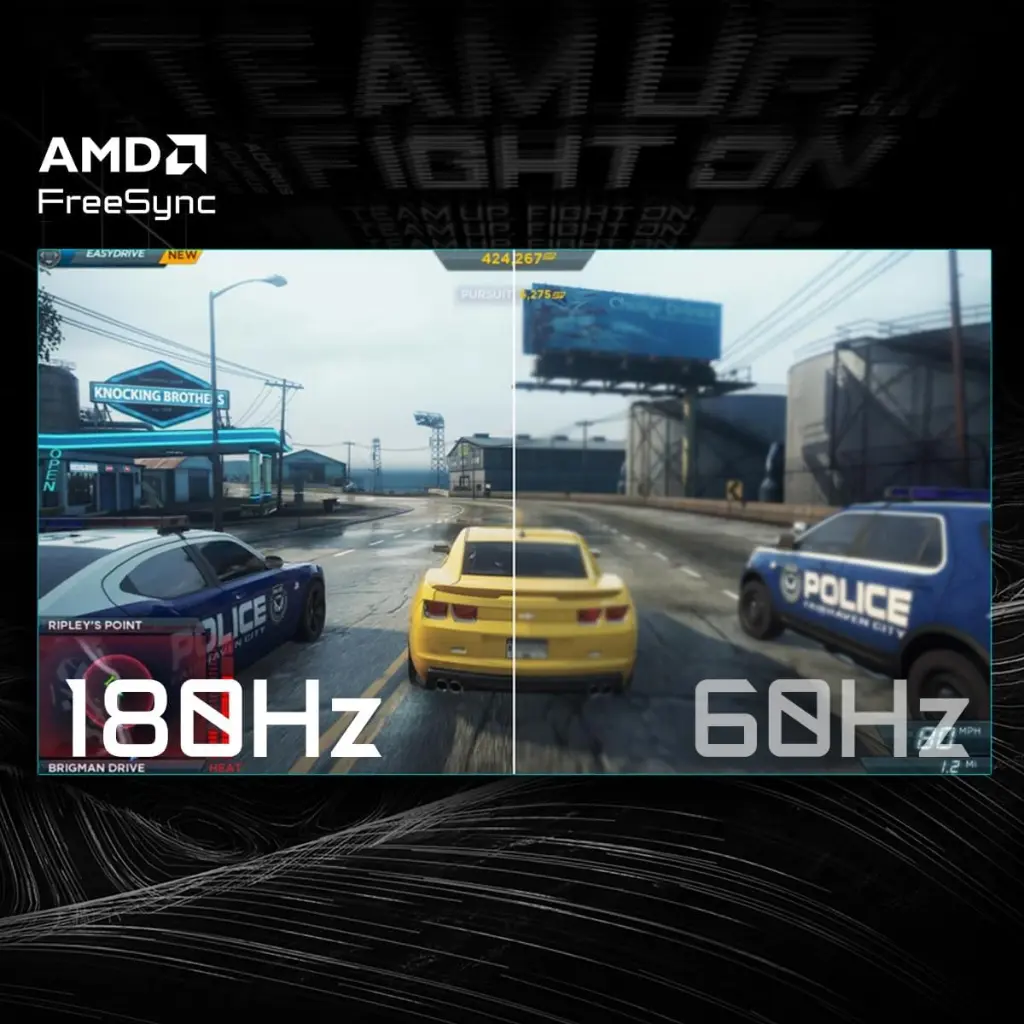 Comparaison de fluidité entre 180Hz et 60Hz sur un écran PC gamer GIGABYTE GS32QCA avec technologie AMD FreeSync pour FlowUP